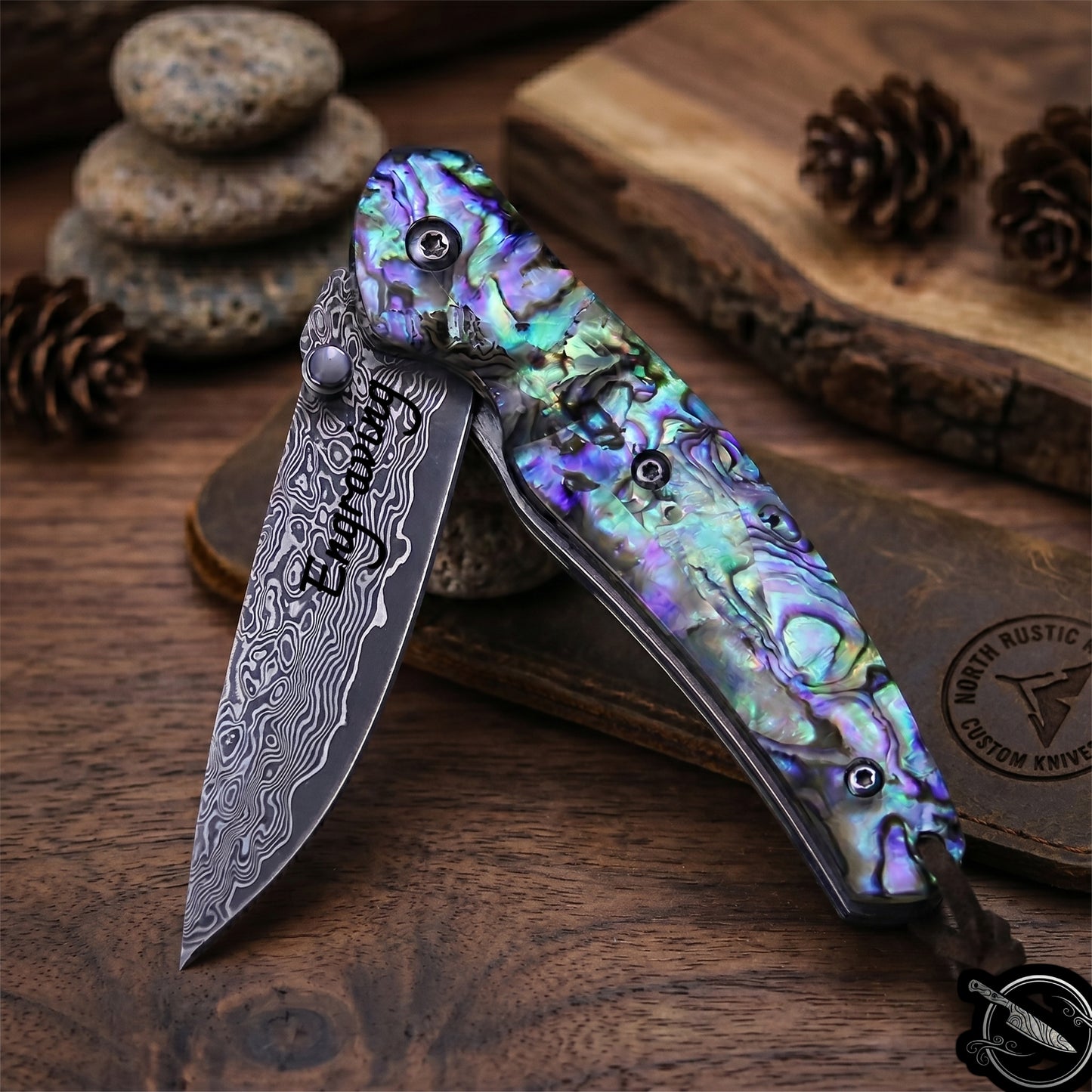 Damascus Pocket Knife Abalone Shell Handle