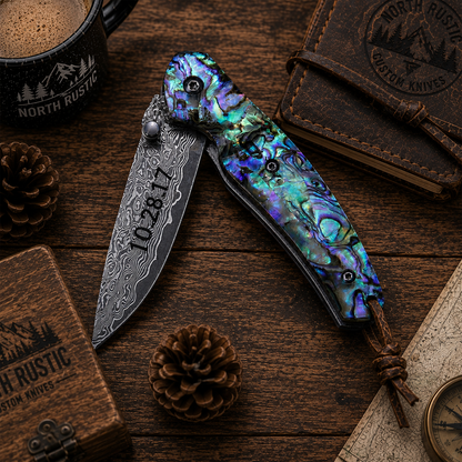 Engraved Damascus Pocket Knife – Abalone Handle EDC Folding Knife