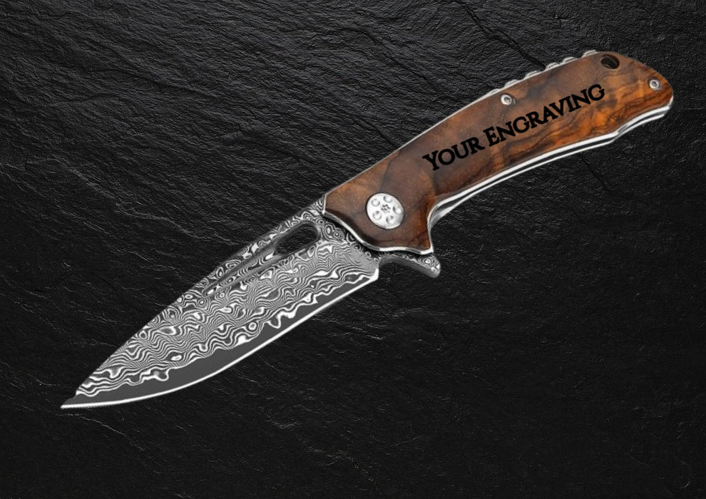Damascus Pocket Folding Knife Rose Wood Handle VP37 - North Rustic