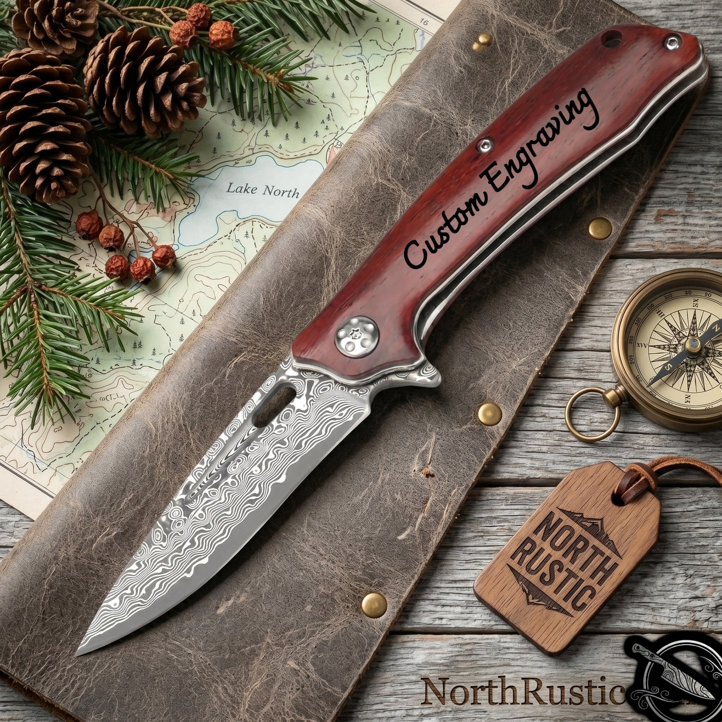 Rosewood Handle Damascus 7.08" Pocket Knife