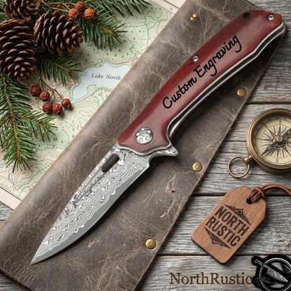 Rosewood Handle Damascus 7.08" Pocket Knife