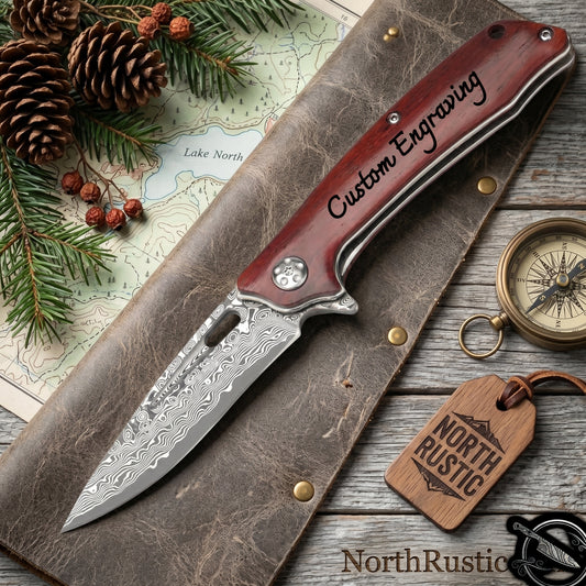 Rosewood Handle Damascus 7.08" Pocket Knife