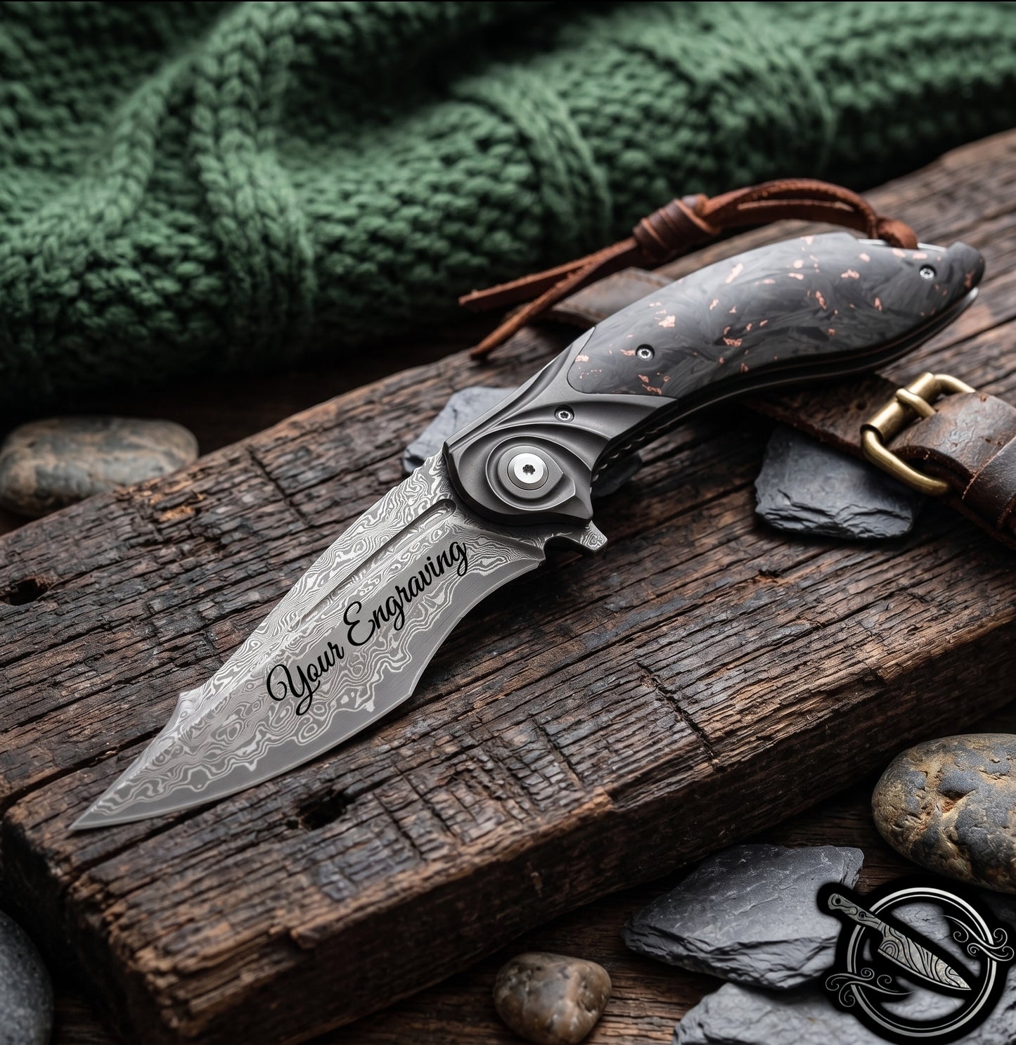 Damascus Pocket Folding Knife Gold Shred Resin Handle