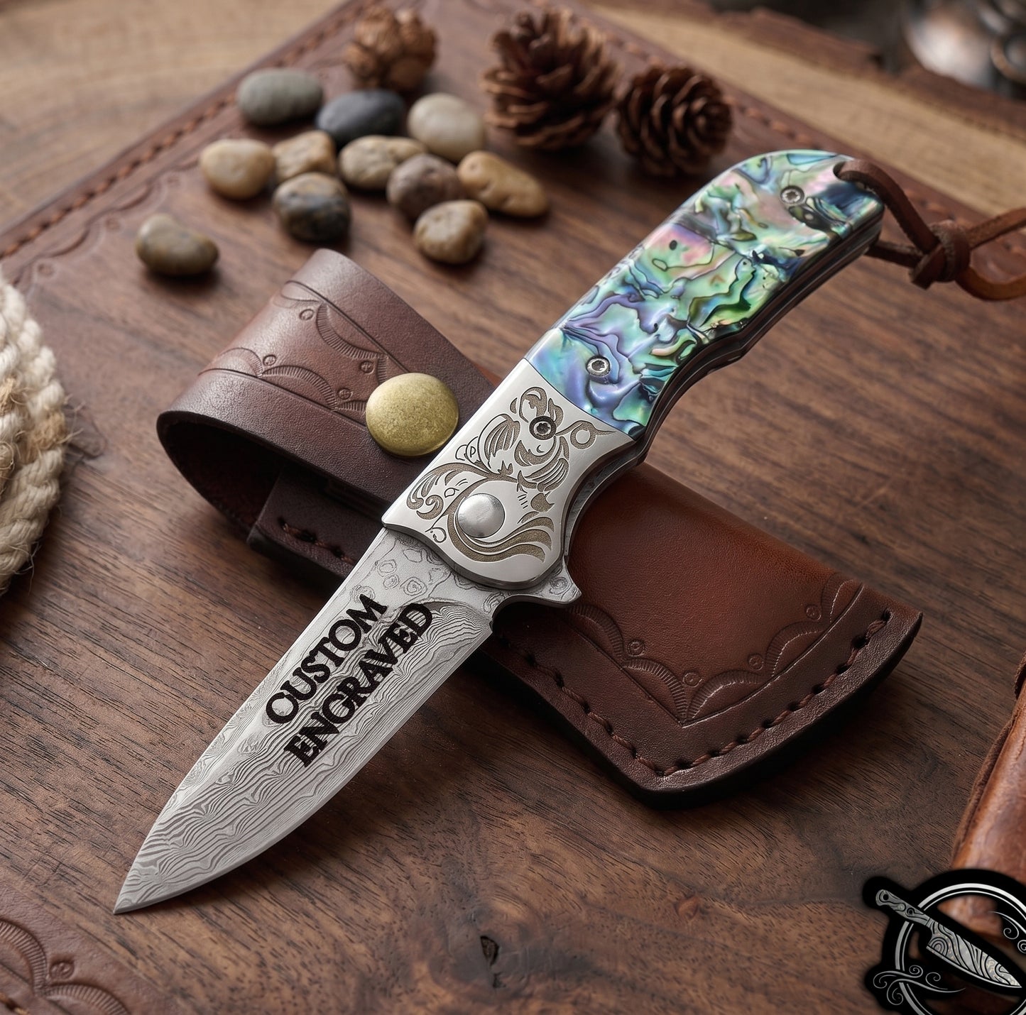 Damascus Pocket Knife Abalone Handle 3.7" Blade