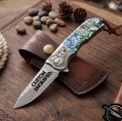 Damascus Pocket Knife Abalone Handle 3.7" Blade
