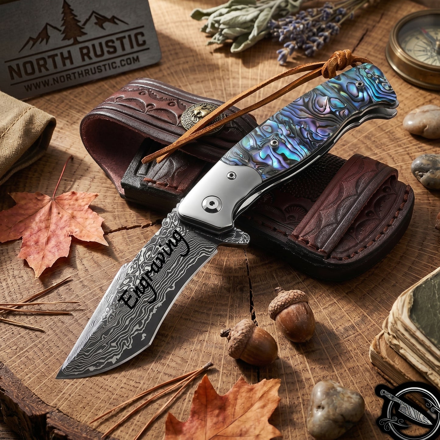Damascus Folding Knife Abalone Shell Handle 3.34" Blade