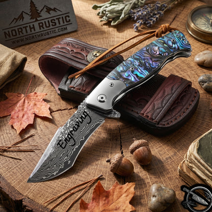 Damascus Folding Knife Abalone Shell Handle 3.34" Blade