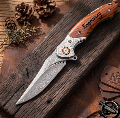 Damascus Folding Knife Olive Wood Handle