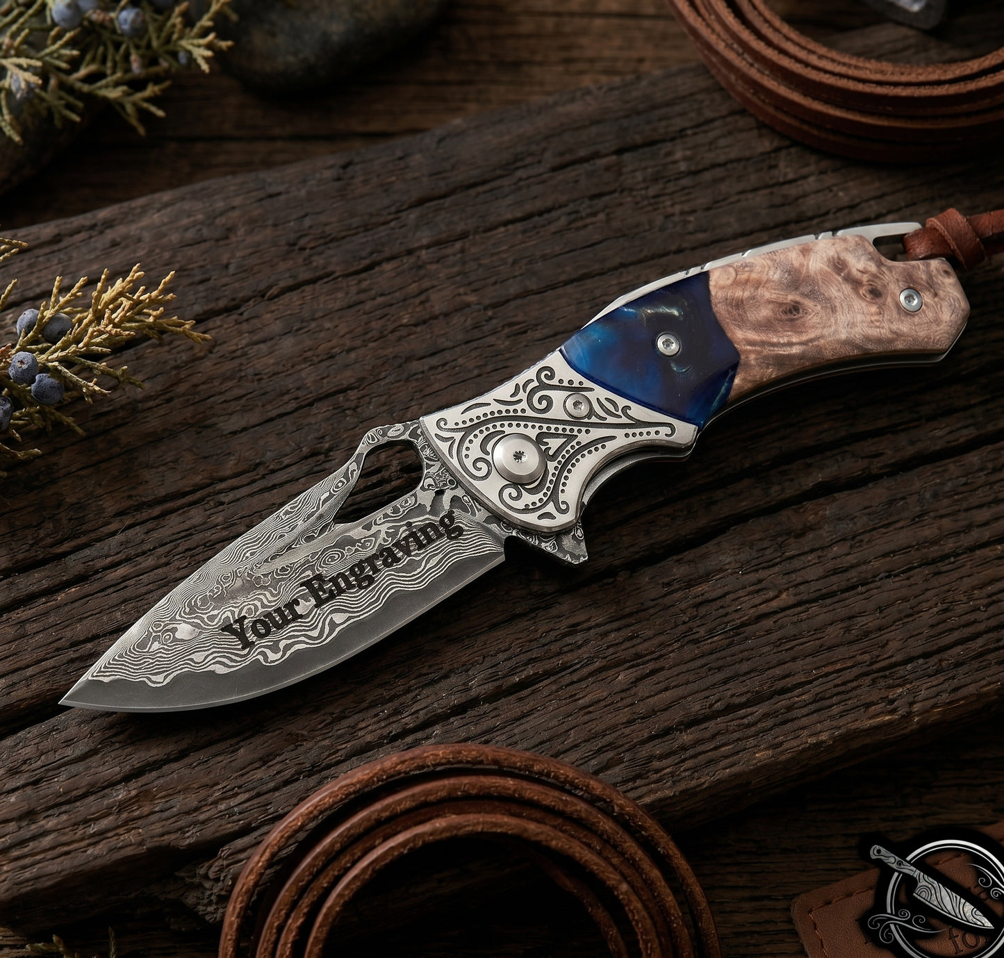Damascus 6.5" Folding Knife Resin & Maple Wood Handle