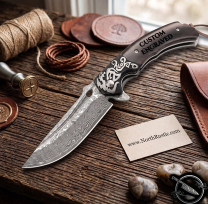 Dark Sandal Wood Handle Damascus Folding Knife