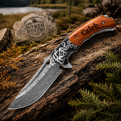 Engraved Damascus Steel Pocket Knife with Olive Wood Handle