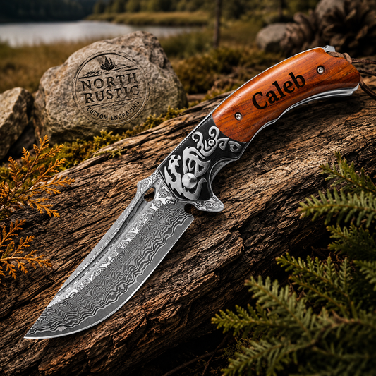 Engraved Damascus Steel Pocket Knife with Olive Wood Handle