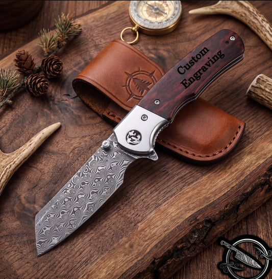 Rose Wood Damascus Tanto Pocket Knife