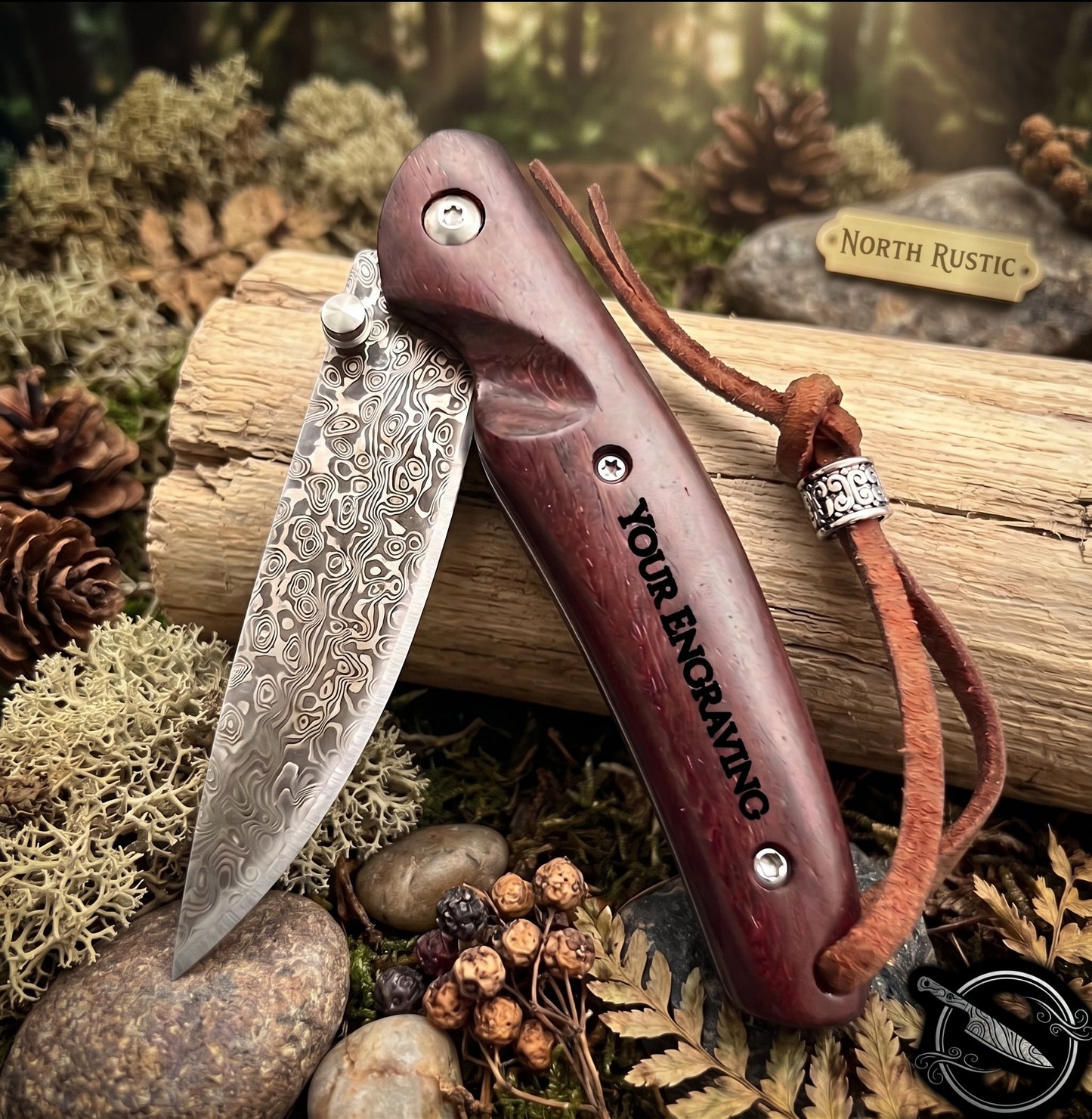Walnut Wood Handle Damascus Pocket Knife