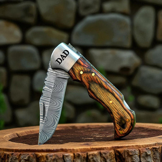 Walnut Wood Handle 6.5" Damascus Folding Knife