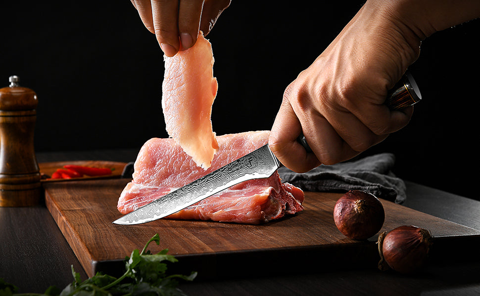 5.5" Boning Kitchen Knife Engraved Damascus Pakka Wood Handle