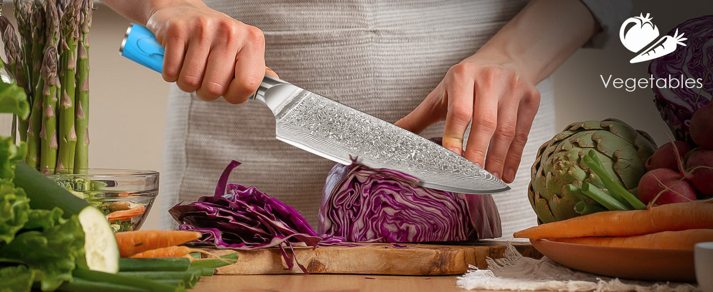 8" Engraved Chef Knife Damascus Chef Blue Resin Handle