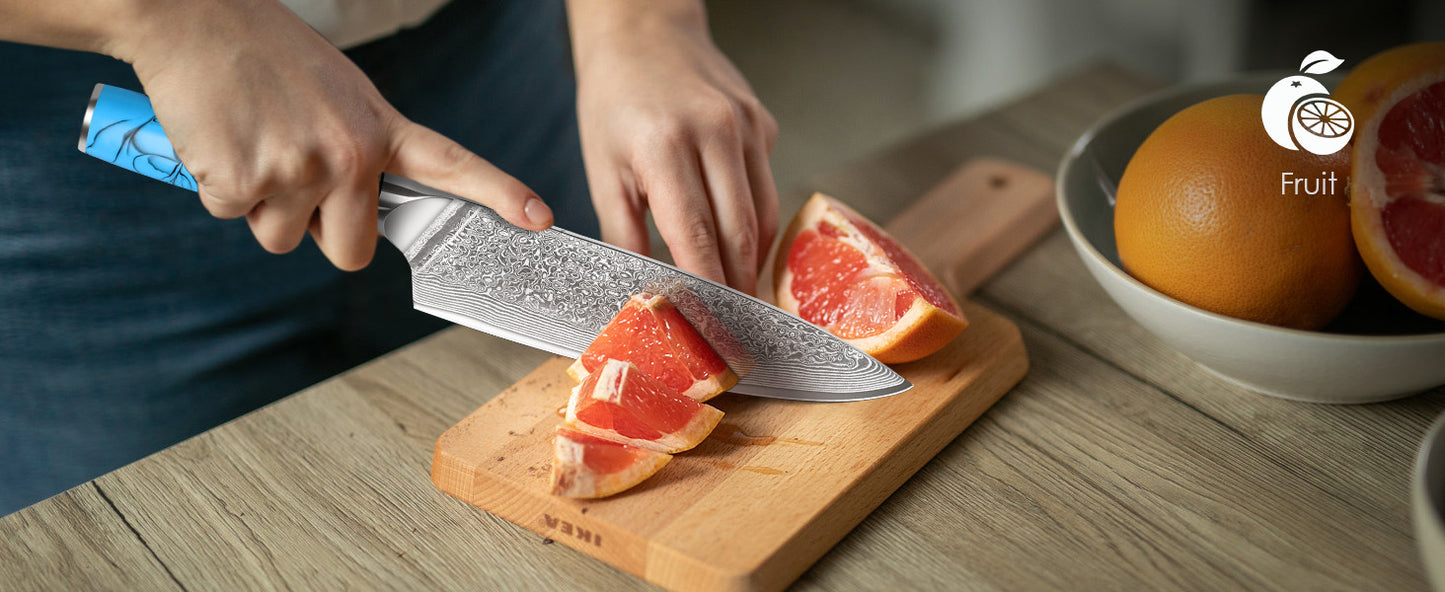 8" Engraved Chef Knife Damascus Chef Blue Resin Handle