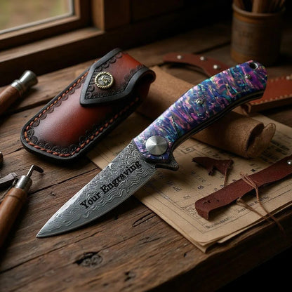Purple Abalone Shell Handle Damascus Pocket Knife