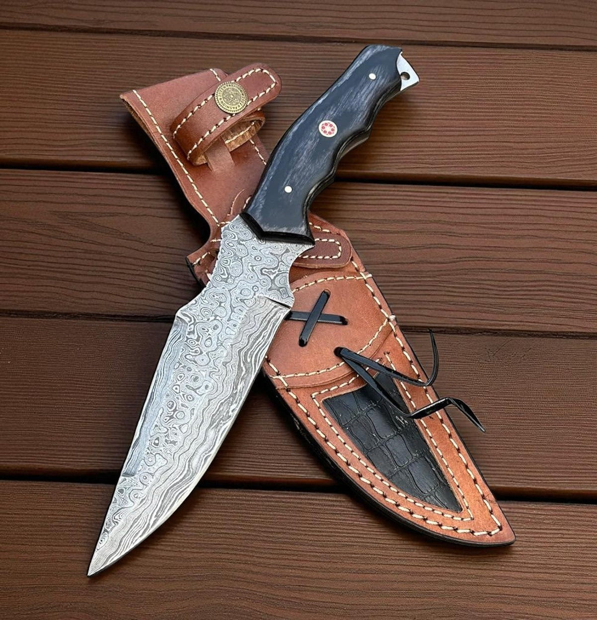 Damascus 10.7" Hunting Knife Shadow Olive Wood Handle