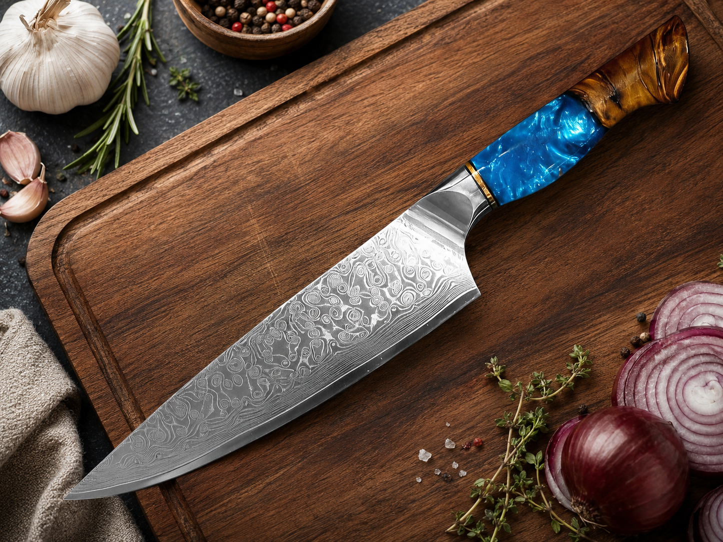 Damascus Chef Knife 8 Inch Blue Resin & Wood Handle