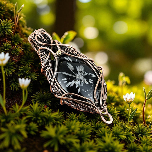 Wire Wrapped Chrysanthemum Gemstone Pendant 20" Necklace