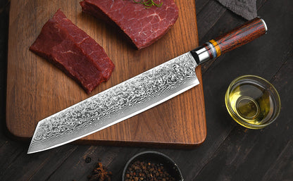 9.5" Engraved Kiritsuke Kitchen Knife Damascus Pakka Wood Handle