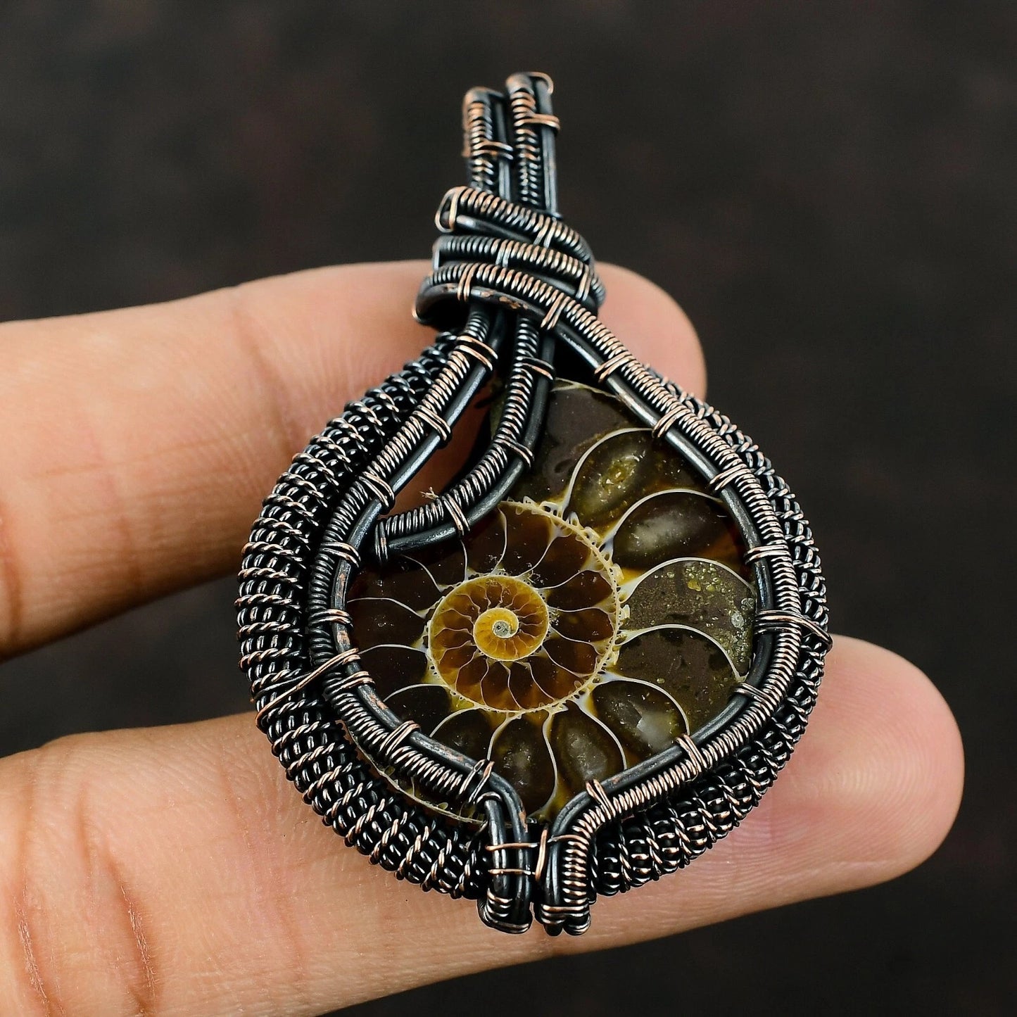 Wire Wrapped Necklace With Ammonite Fossil Pendant