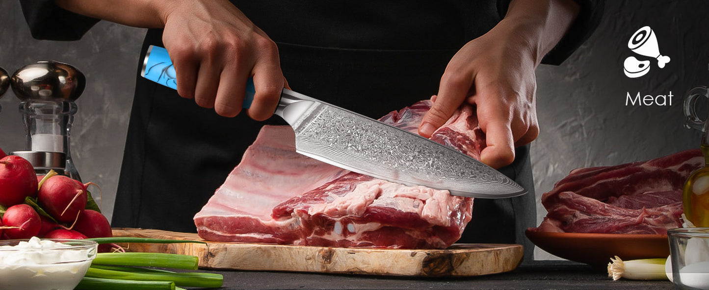 8" Engraved Chef Knife Damascus Chef Blue Resin Handle