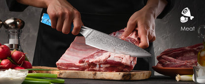 8" Engraved Chef Knife Damascus Chef Blue Resin Handle