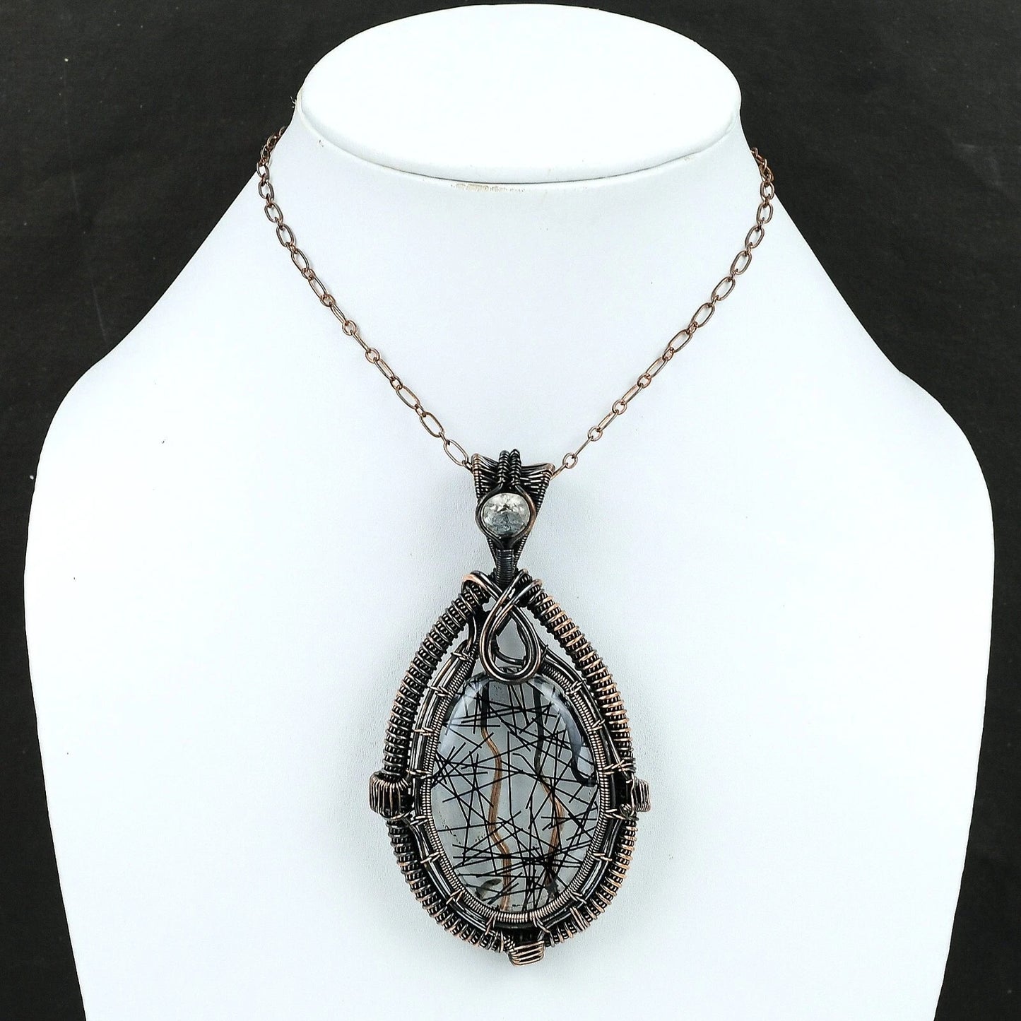 Wire Wrapped Necklace With Black Rutile Pendant