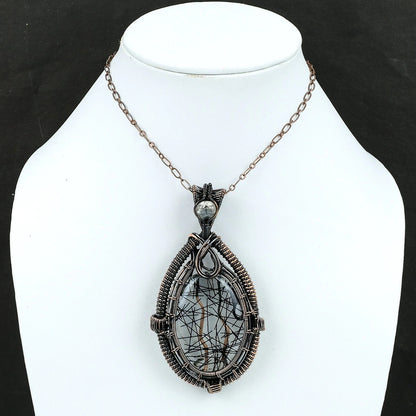 Wire Wrapped Necklace With Black Rutile Pendant