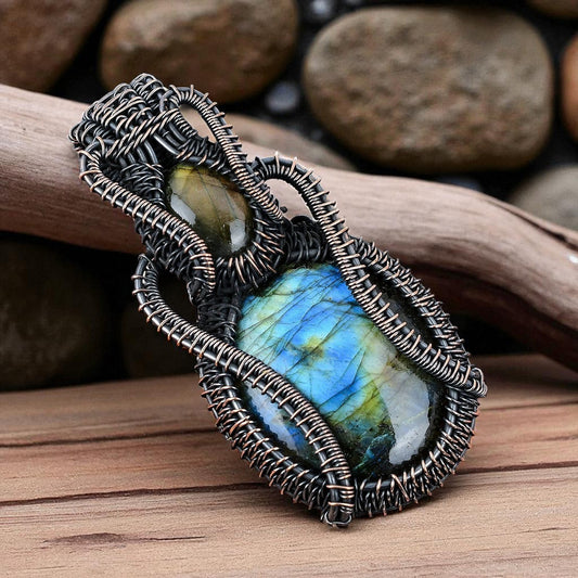Wire Wrapped Labradorite Oval Pendant 20" Necklace