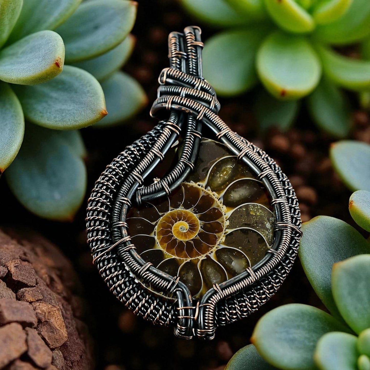 Wire Wrapped Necklace With Ammonite Fossil Pendant