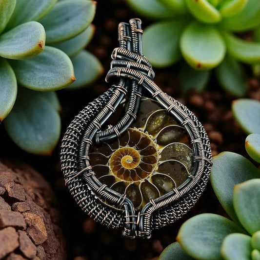 Wire Wrapped Necklace With Ammonite Fossil Pendant