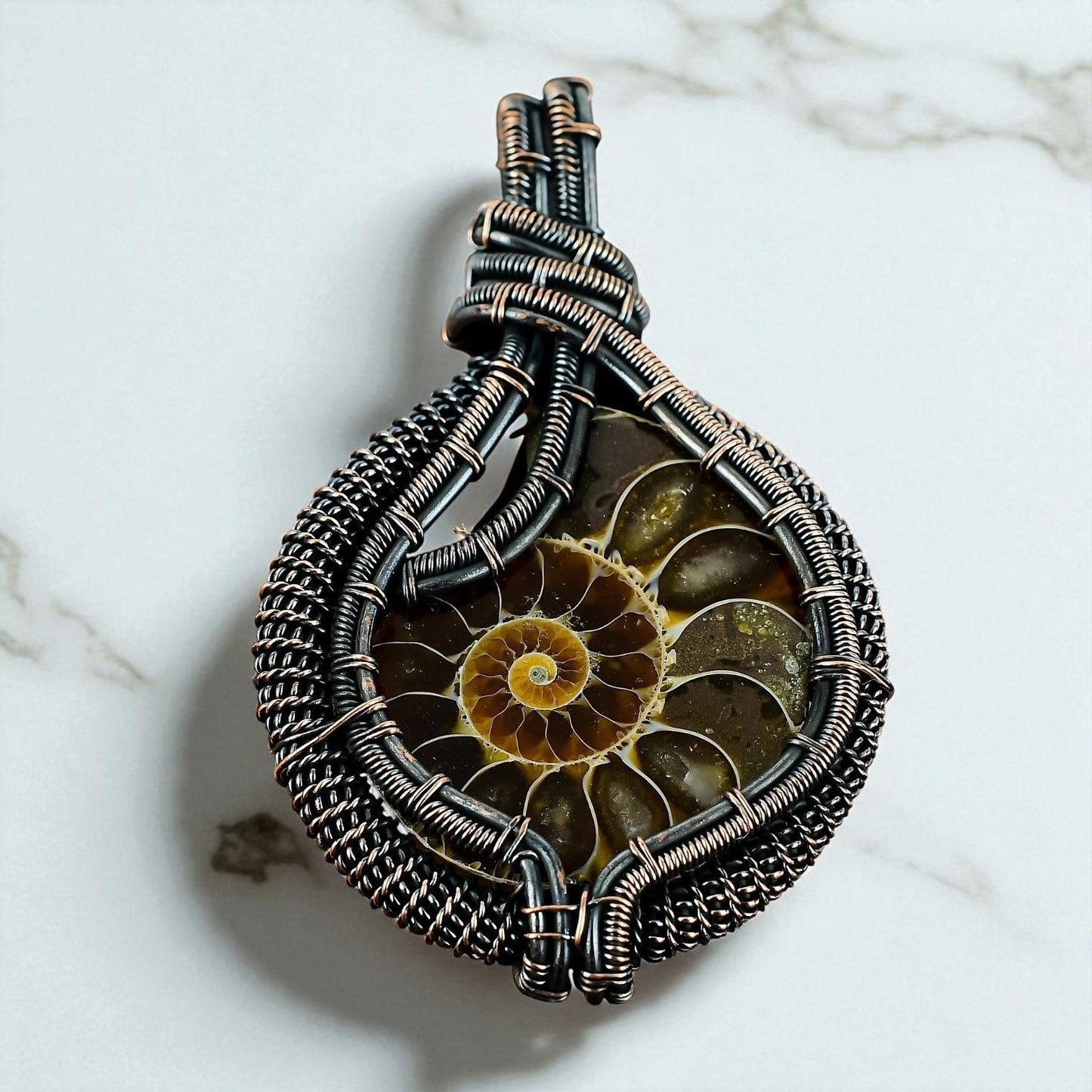Wire Wrapped Necklace With Ammonite Fossil Pendant