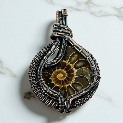 Wire Wrapped Necklace With Ammonite Fossil Pendant