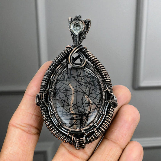 Wire Wrapped Necklace With Black Rutile Pendant