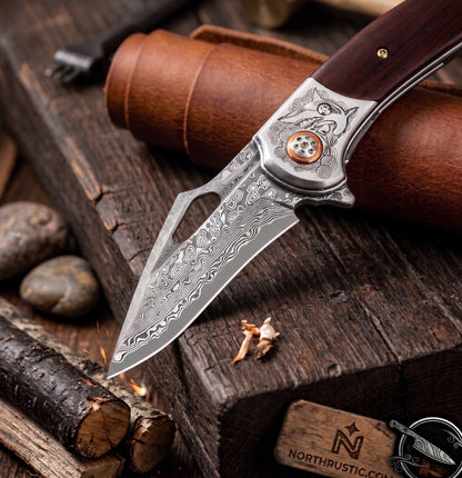 Damascus Pocket Knife Rosewood Handle
