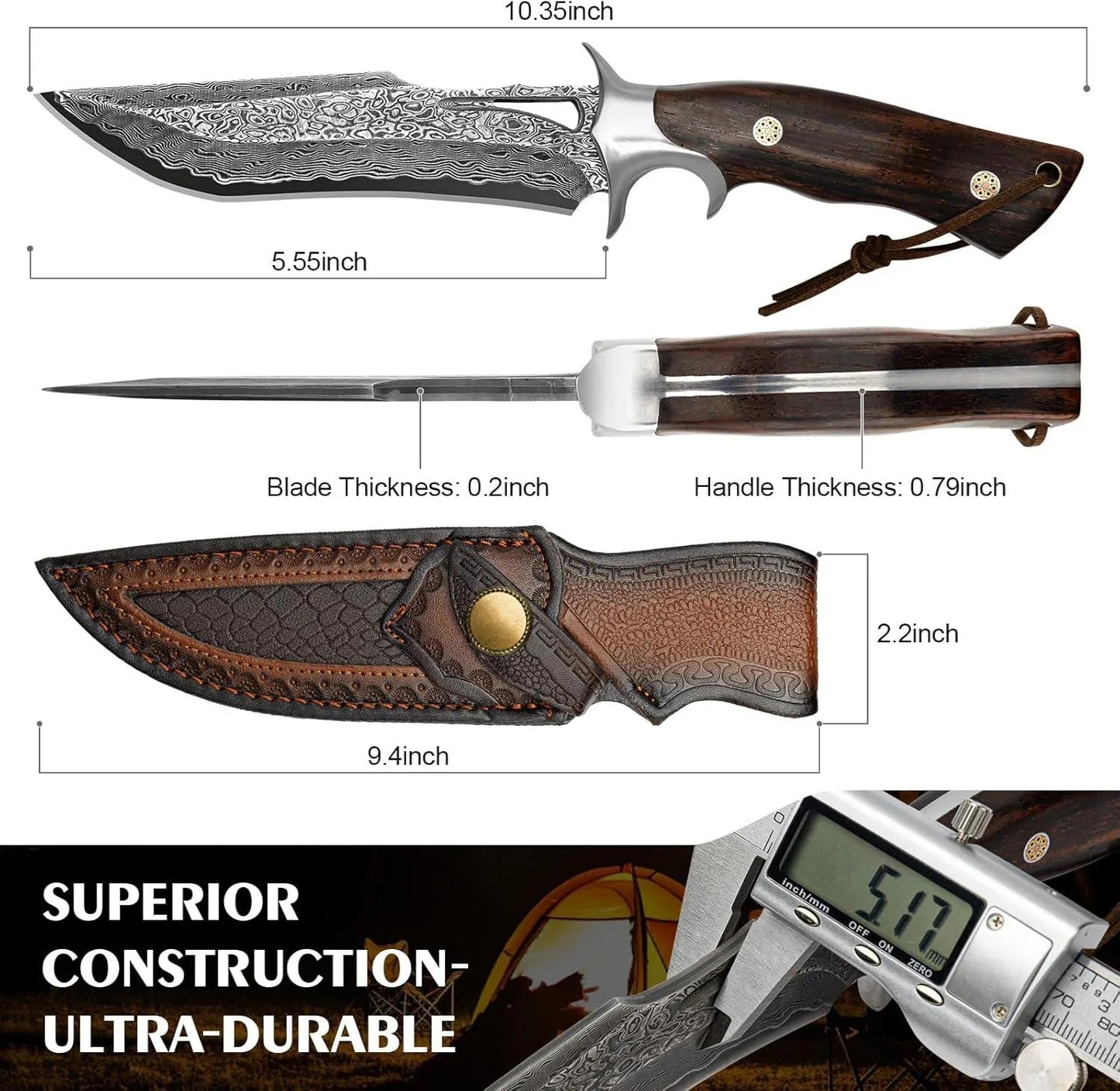 Engraved Damascus Hunting Knife – Fixed Blade with Personalization