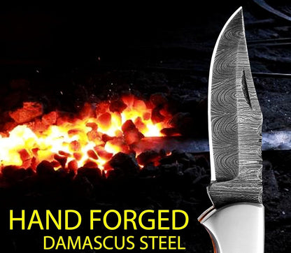 Engraved Damascus Pocket Folding Knife - Deer Antler Blue Turquoise Handle