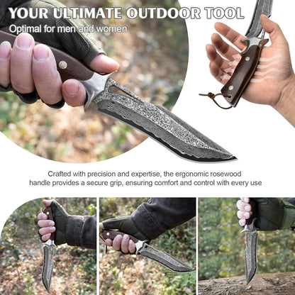 Engraved Damascus Hunting Knife – Fixed Blade with Personalization