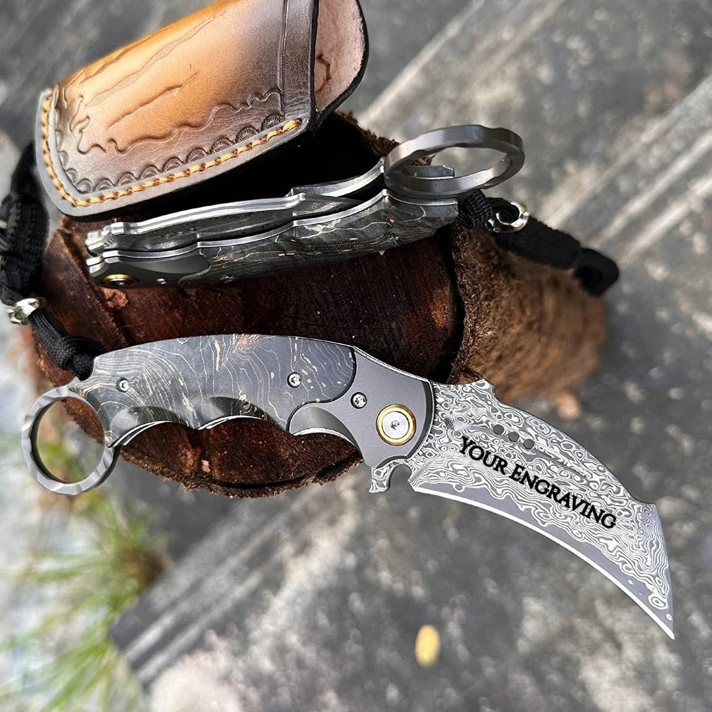 Damascus Karambit Folding Knife Stablizied Wood Handle