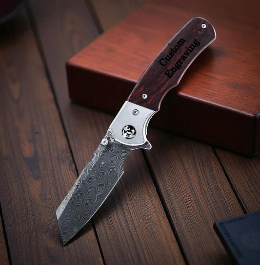 Rose Wood Damascus Tanto Pocket Knife
