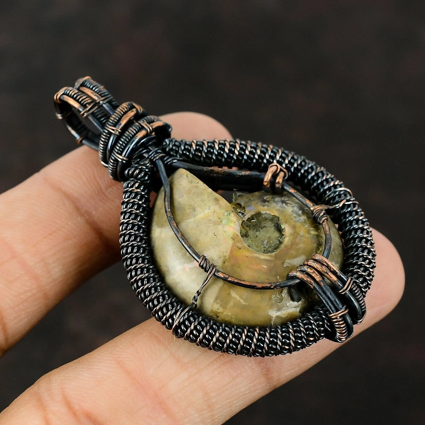 Wire Wrapped Necklace With Ammonite Fossil Pendant