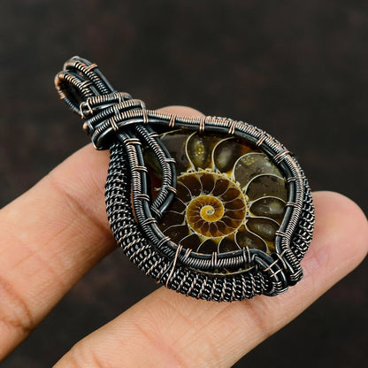Wire Wrapped Necklace With Ammonite Fossil Pendant