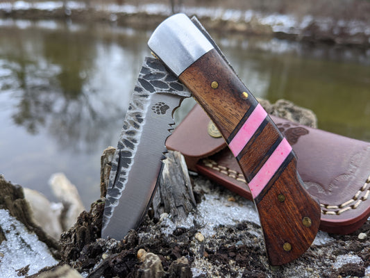 Engraved Pocket Knife Rose Wood | Pink Color Stone Folding Knife | Personal Engraving Gift | Hammered Stainless | NR05-4