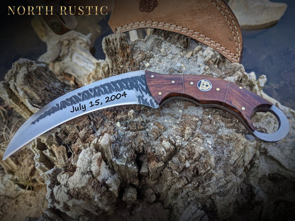Custom Engraved Karambit | Rose Wood Hunting Knife | Hammered Knife | Groomsman Gift | Outdoors Camping Knife | Father's Day Gift | NR07-2