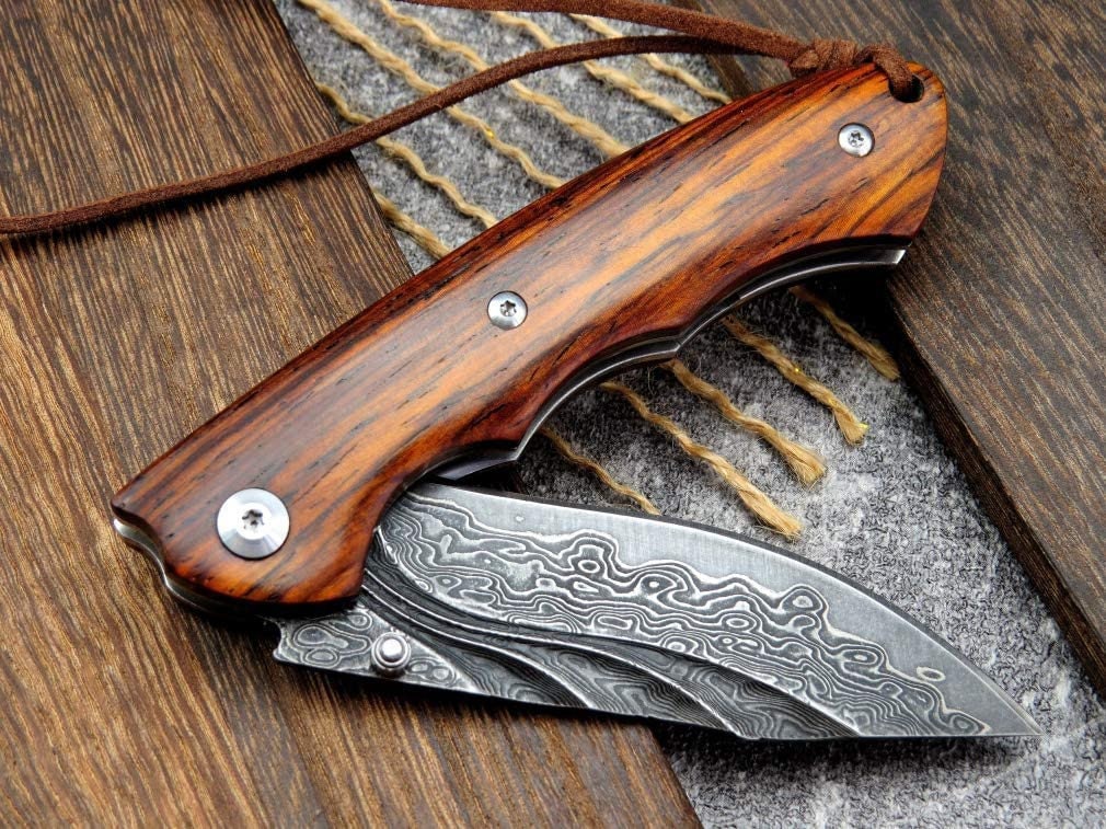 Engraved VG10 Damascus Folding Knife | Personalized Pocket Knife | Rose Wood Handle Knife | Wedding Husband Anniversary Father Gift | VP15