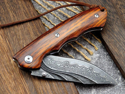Engraved VG10 Damascus Folding Knife | Personalized Pocket Knife | Rose Wood Handle Knife | Wedding Husband Anniversary Father Gift | VP15